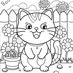 Happy cat playing outside. Coloring book for children. Cartoon outline illustration. Black and white vector drawing. Happy wild animal in nature. Fun isolated coloring page. Comic cute sketch