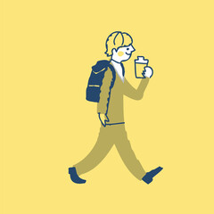 コーヒカップを持ちながら歩くスーツ姿の若い男性