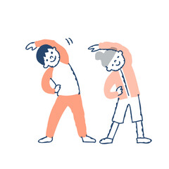 一緒に体操をする笑顔の男女