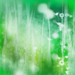 Dynamic blurred green space, floral background with white shapes High quality illustration.