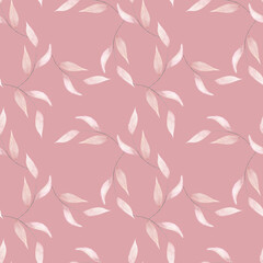 Watercolor pattern with delicate pink leaves, twigs with leaves, botanical illustration