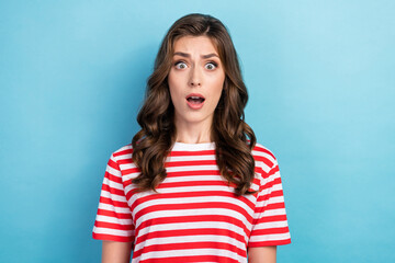 Fototapeta premium Closeup photo of young excited shocked funny lady open mouth unexpected reaction bad news information her house burn isolated on blue color background