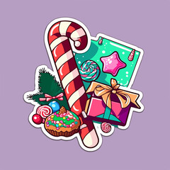 Christmas candy cartoon sticker, xmas sweets stickers elements. Winter holidays
