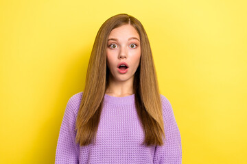 Fototapeta premium Photo of astonished afraid scared lady wear stylish violet autumn sweater impressed negative news isolated on yellow color background