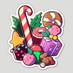 Christmas candy cartoon sticker, xmas candies ornament stickers. Winter holidays