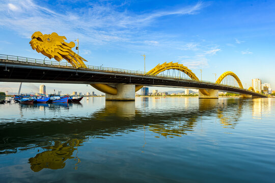 View of Dragon Bridge over the Han River in Da Nang city, Vietnam.