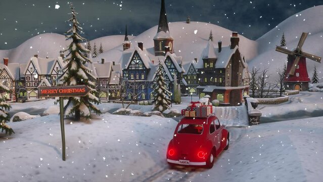 Santa Claus Christmas animation. Funny Santa Claus rides in a red car with gifts in a festive winter city. Fireworks.
