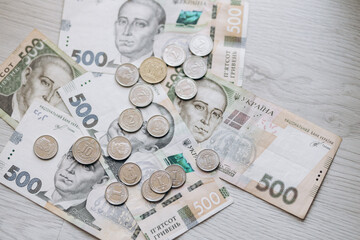 Paper and metal coin money of Ukraine. Currency of Ukraine. Ukrainian hryvnia pennies. 500 hryvnia.