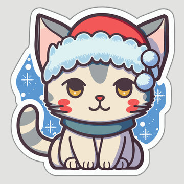 Christmas cat cartoon sticker, xmas kitty stickers isolated decoration. New-year collection