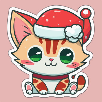 Christmas cat cartoon sticker, xmas kitty stickers isolated decoration. Multicolor