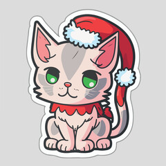 Fototapeta premium Christmas cat sticker, xmas kitty printable stickers sheet. New-year collection