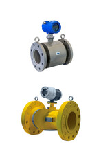 two modern high precision industrial digital gas meters isolated on white background