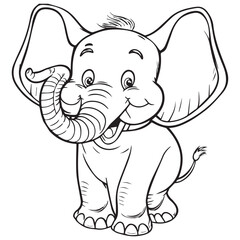 Cute happy cartoon elephant outline vector illustration.Adorable zoo animal for coloring book. Children school education. Contour sketch doodle. Isolated funny baby character. Fun drawing for kids 