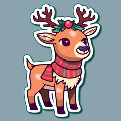Christmas deer cartoon sticker, xmas reindeer printable stickers sheet. New-year holidays