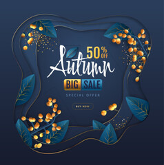 Autumn big sale typography poster with autumn leaves. Nature concept. Vector illustration