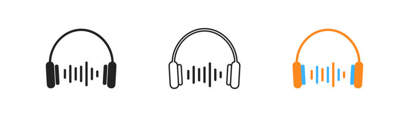 Headphones outline icon on white background. Headphones with audio waves. Music concept. Equalizer symbol. Simple flat design.