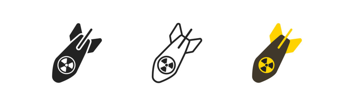 Nuclear bomb outline icon on white background. Missile weapon. Stop war concept. Nuke symbol. Simple flat design.