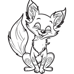 Happy fox cartoon outline illustration. Coloring book for children. Black and white vector drawing. Cute wild animal. Isolated school education game. Simple cheerful design for kids. Comic sketch 