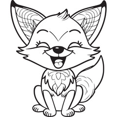 Happy fox cartoon outline illustration. Coloring book for children. Black and white vector drawing. Cute wild animal. Isolated school education game. Simple cheerful design for kids. Comic sketch 