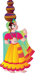 woman in a wedding procession carrying puja thali. matkis on the head, Rajasthani style painting. for textile printing, logo, wallpaper, and wedding card, wedding.
