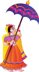 Lady in wedding procession holding an umbrella on the groom. Rajasthani style. for textile printing, logo, wallpaper, and wedding card, wedding.