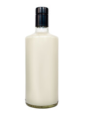 Insulated bottle with black cap and cream colored liquid inside.