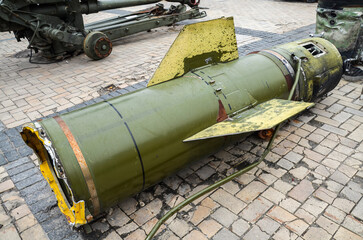 Damaged missile OTR-21 Tochka at exhibition of destroyed russian military vehicles and equipment...