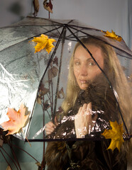 Woman under a transparent umbrella with autumn leaves.