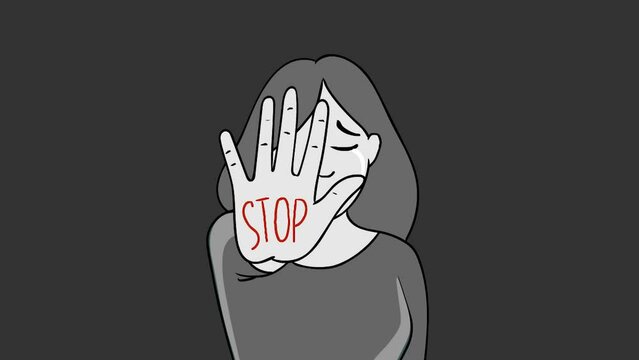 The girl held out her hand. Palm. Protest gesture. domestic violence. The oppression of women. Silence. Sadness and fear. Terror in the family. Psychological trauma. Drawn illustration. Animation. Des