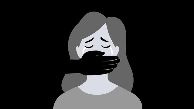 The girl covers her mouth with her hand. domestic violence. The oppression of women. Silence. Sadness and fear. Terror in the family. Psychological trauma. Drawn illustration. Animation. Design.