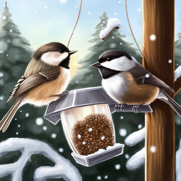 two chickadee birds in the winter park hang on the feeder and eat seeds