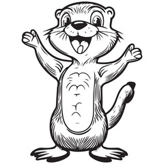 Happy otter playing outside. Coloring book for children. Cartoon outline illustration. Black and white vector drawing. Happy wild animal in nature. Fun isolated coloring page. Comic cute sketch