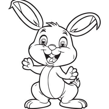 Happy rabbit playing outside. Coloring book for children. Cartoon outline illustration. Black and white vector drawing. Happy wild animal in nature. Fun isolated coloring page. Comic easter sketch