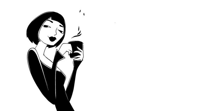 The drawn girl holds coffee in her hand. Morning drink. The begining of the work day. Good mood. Human energy. Fashionable girl. Graphic symbol. 2D animation. White background.