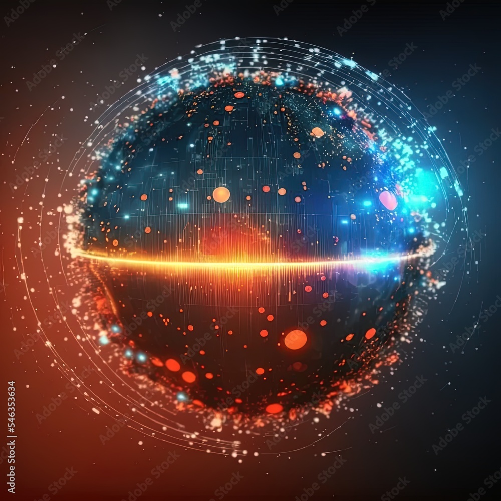 Poster abstract sphere shape of glowing circles and particles with lens flare effect . global network conne