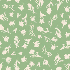 Fototapeta na wymiar Random placed floral seamless repeat pattern. Hand drawn, vector botanical all over surface print on sage green background.
