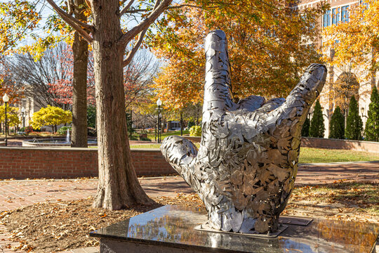 American Sign Language "I Love You" hand sculpture in downtown Spartanburg, South Carolina on December 3, 2021.