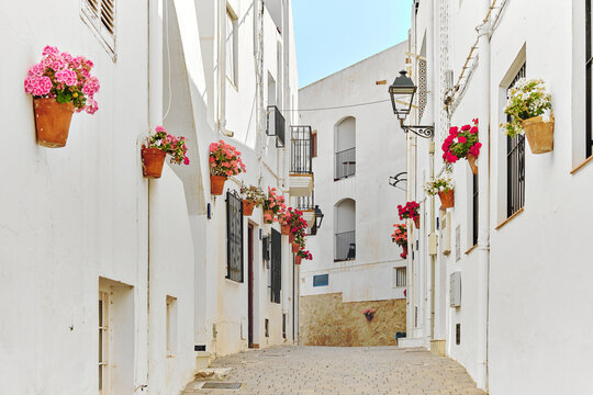 Cute narrow street with flowerpots in the village of Mojacar. Spain