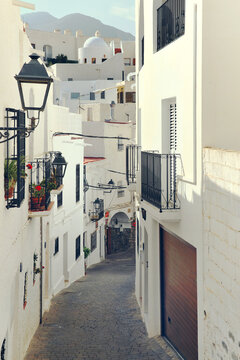 Mojacar street walkway during sunny summer day. Almeria, Spain