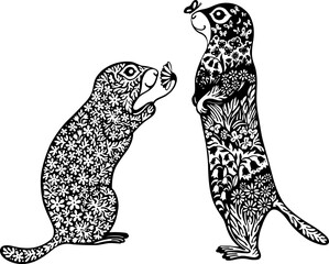 Two gophers. Vector illustration. Stylized groundhog silhouette filled with herbs and flowers.