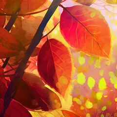 Red yellow leaves of trees close up Autumn background , anime style