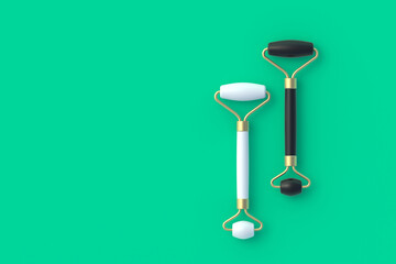 Face massage rollers. Lifting face and wellness. Cosmetics accessories. Facial skincare. Copy space. Top view. 3d render