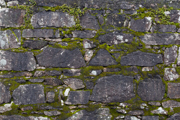 Mossy rustic stone wall texture