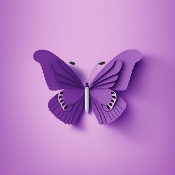 Paper craft purple butterfly. Purple origami butterfly on the pink background. Handcraft paper butterfly. Design element.