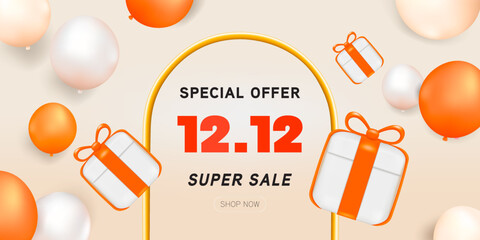 3D Gift voucher super sale banner. For business promotion special offer end year sales and Discount online purchases. Tag label, 3d rendering design. 12.12 ,1212,12 super sale banner.