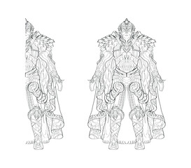 Vector black and white outline image of the game character Palladin knight in armor, paladin, computer game character black and white vector illustration. Warrior, coloring book, doodle
