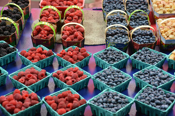 Fresh Fruit in farmer market. Various colorful fresh fruits on stall.