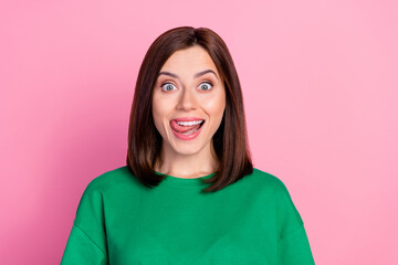 Fototapeta premium Closeup photo of young attractive girl hunger want eat food tasty delicious crazy lick teeth isolated on pink color background