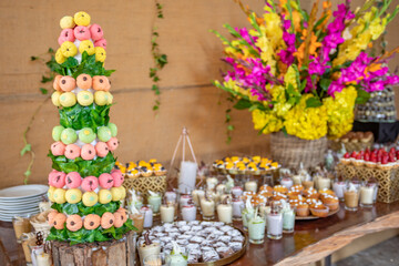 Typical peruvian food and drinks, breakfast, bread, dinner and dessert buffet