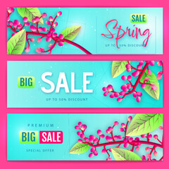 Set of spring big sale typography banners with flowering branches. Nature concept. Vector illustration